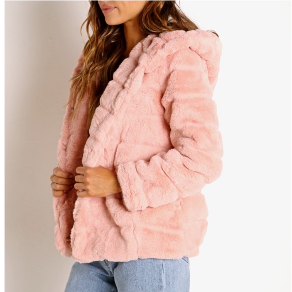 Apparis Goldie Hooded Faux Fur Teddy Jacket Coat Blush/Peach Pink Sz L